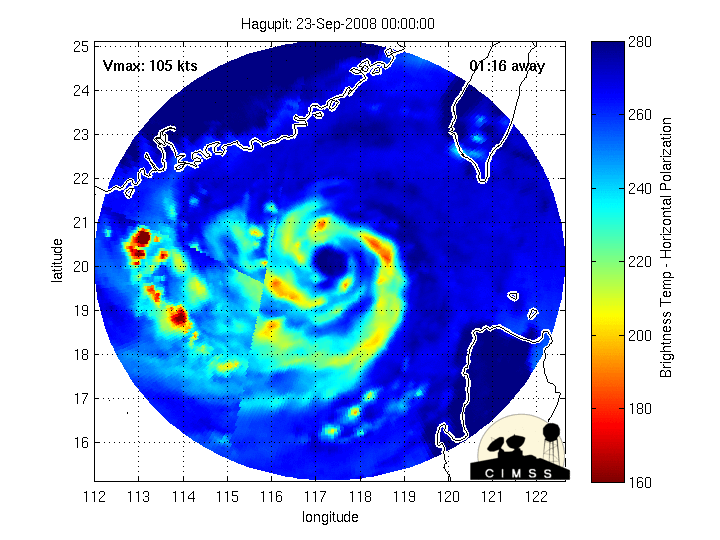 黑格比在趋近广东沿岸时的多频微波动画，可明显见其增强以及登陆后出现的风眼填塞，转载自WISC/CIMSS，注意：7M多！