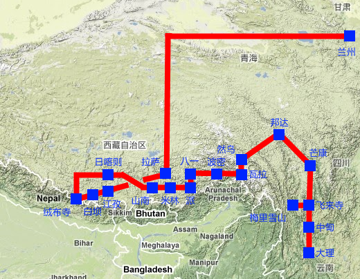 2010西藏穿越路线（不按比例绘制）