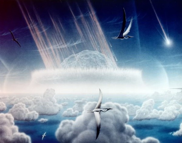 艺术家笔下的导致白垩纪-第三纪灭绝事件的小行星撞击地球的情景；”赛丁泉“彗星拥有的能量是这颗小行星的100倍左右