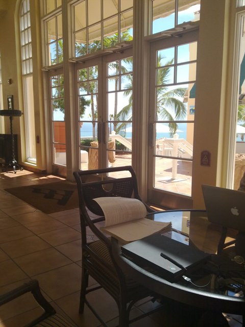 Working in the lobby -- great Carribean scenery just out of the doors!