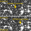 美国帕洛玛天文台1.2米望远镜在2002年拍摄到的“周杰伦”星，显示出其相对背景星空的移动，当时并未被检测到。图像来源：NASA/NEAT/SkyMorph